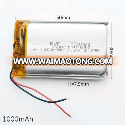 3.7V 1000mAh 753050 Lithium Polymer Lipo Rechargeable Battery for MP3 MP4 MP5 DVD Pad Mobile Tablet PC Power Bank